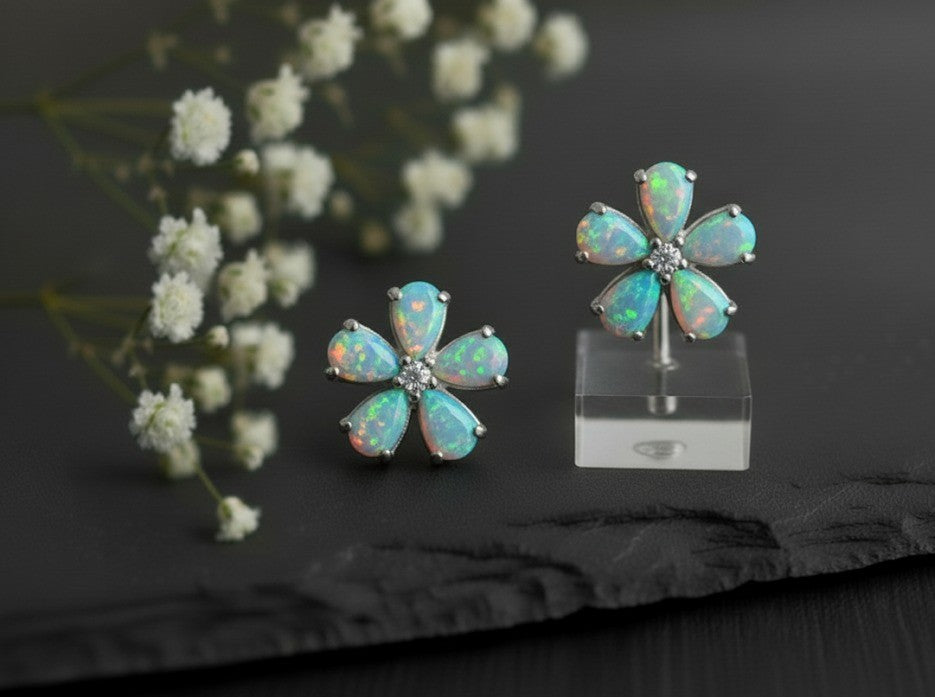 Celestial Daisy Studs: Natural Opal Flower with Dazzling Moissanite Center