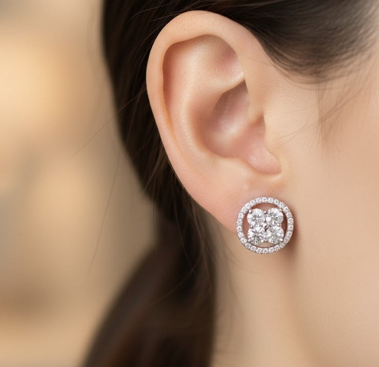 Floral Fire Studs: Natural Moissanite Flower Cluster Earrings in Sterling Silver