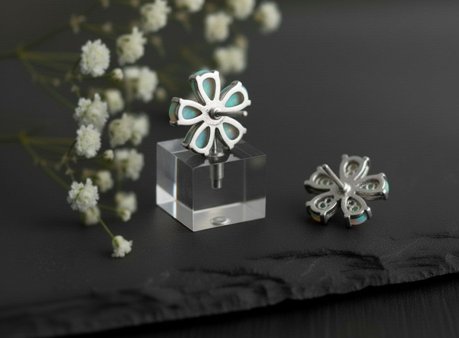 Celestial Daisy Studs: Natural Opal Flower with Dazzling Moissanite Center