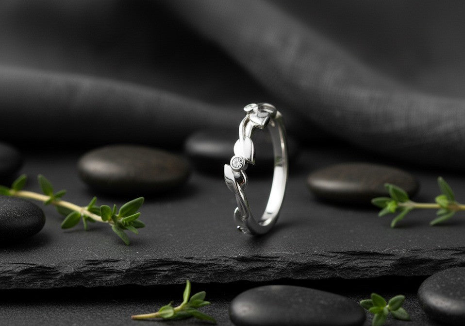 Whispering Leaves Ring: Natural Moissanite Accents in Sterling Silver Vine Band