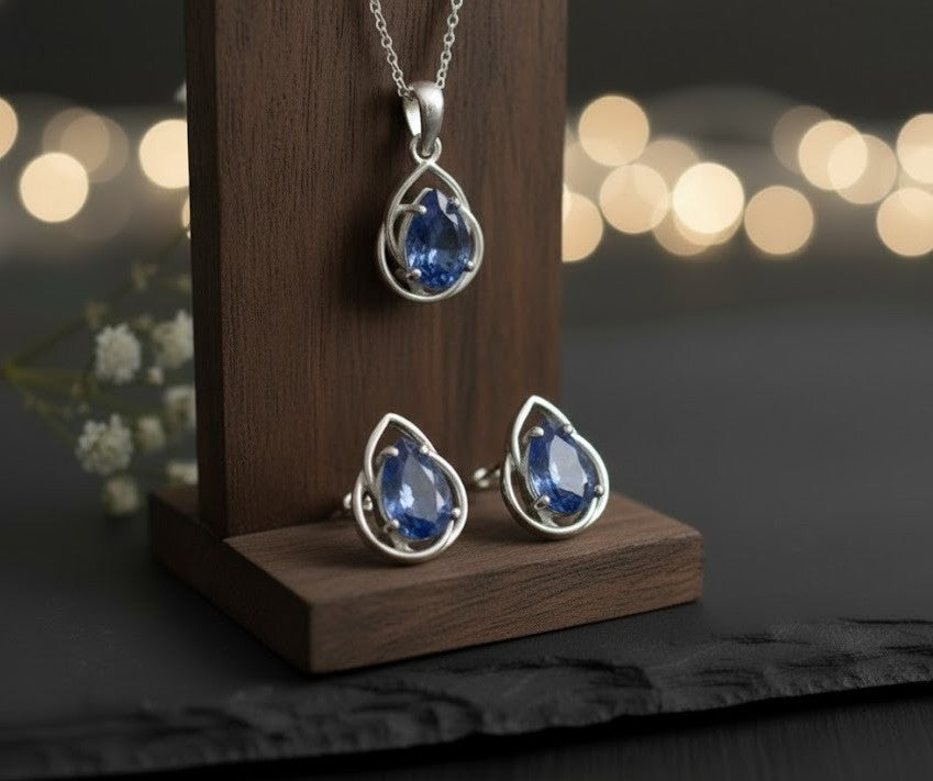 Twilight Dream Set: Natural Pear Tanzanite Pendant and Stud Earrings in Sterling Silver