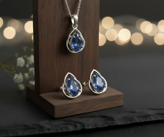 Twilight Dream Set: Natural Pear Tanzanite Pendant and Stud Earrings in Sterling Silver