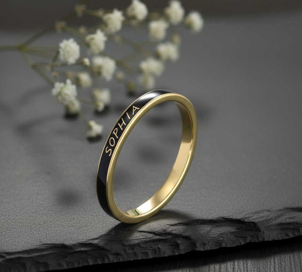 Personalized Name Band: Engraved Name in Black Enamel on Sterling Silver