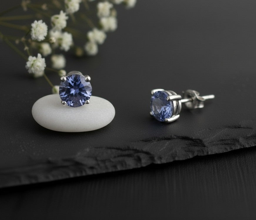 Violet Fire Studs: Natural Round Tanzanite Solitaire Earrings in Sterling Silver