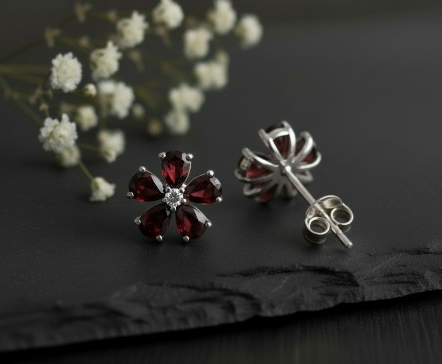 Floral Passion Studs: Natural Garnet Flower & Moissanite Accent Earrings