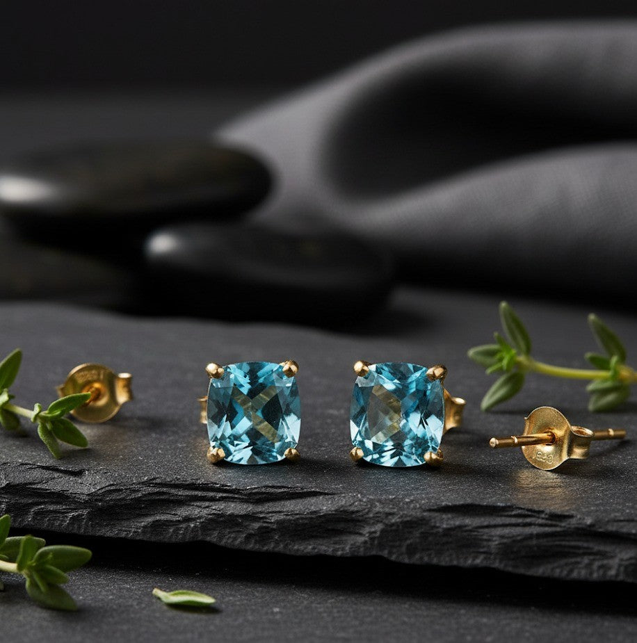 Sky Blue Solitaire Studs: Natural Cushion Blue Topaz Earrings in Sterling Silver