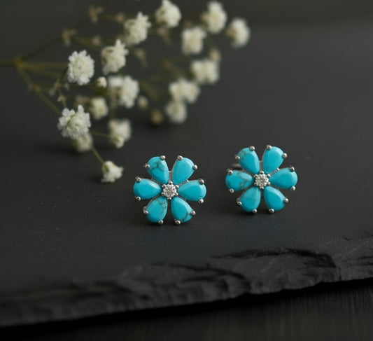 Blossom Studs: Natural Turquoise & Brilliant Moissanite Flower Earrings in Sterling Silver