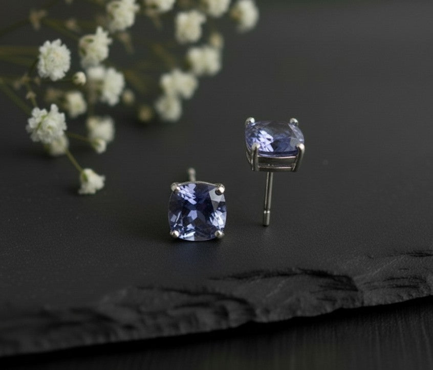 Violet Dream Studs: Natural Cushion Tanzanite Earrings in Sterling Silver