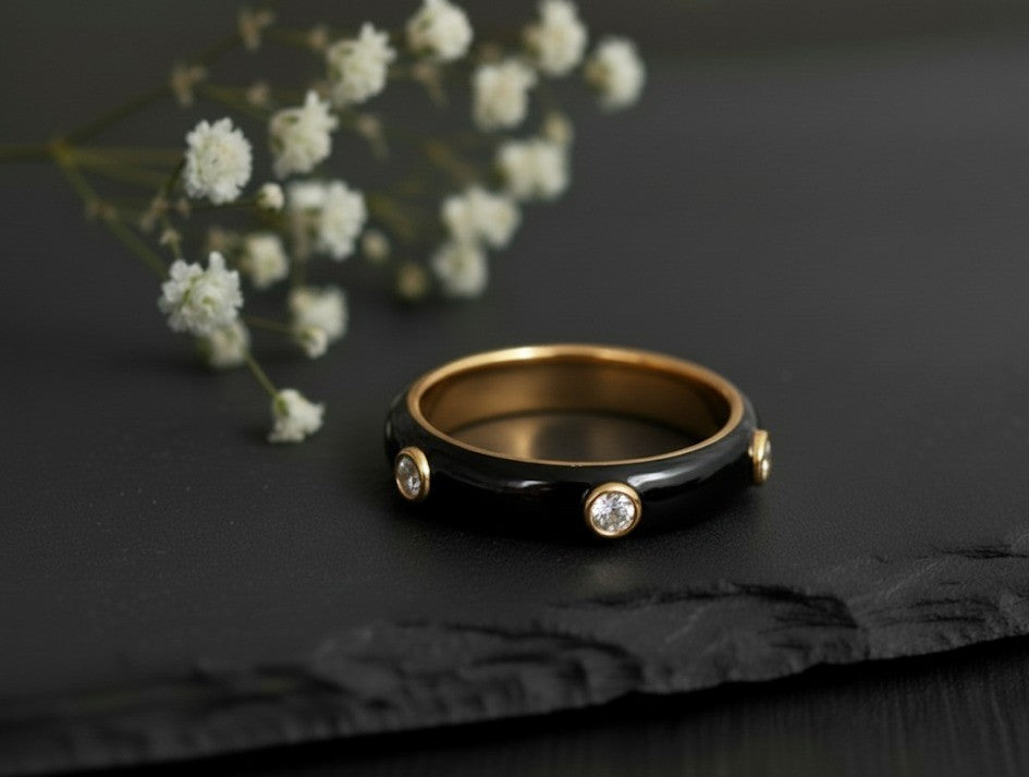 Brilliant Dot Band: Natural Moissanite Eternity Ring with Black Enamel in Sterling Silver