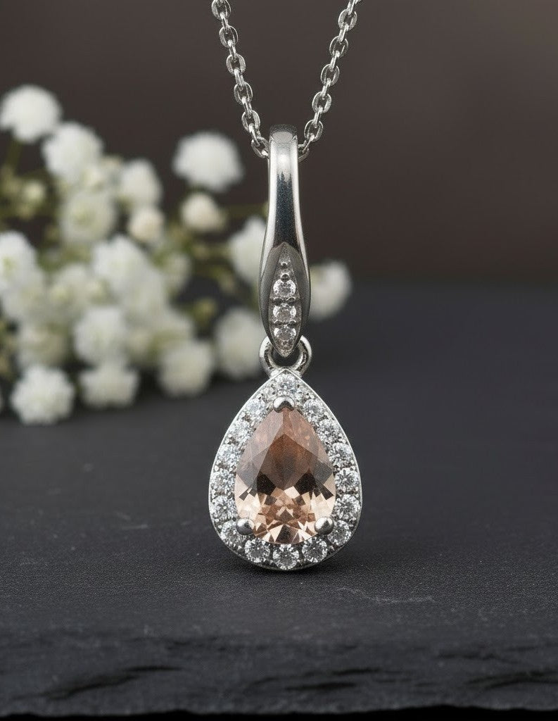 Romantic Blush Set: Natural Morganite & Moissanite Halo Pendant & Drop Earrings Jewelry Set