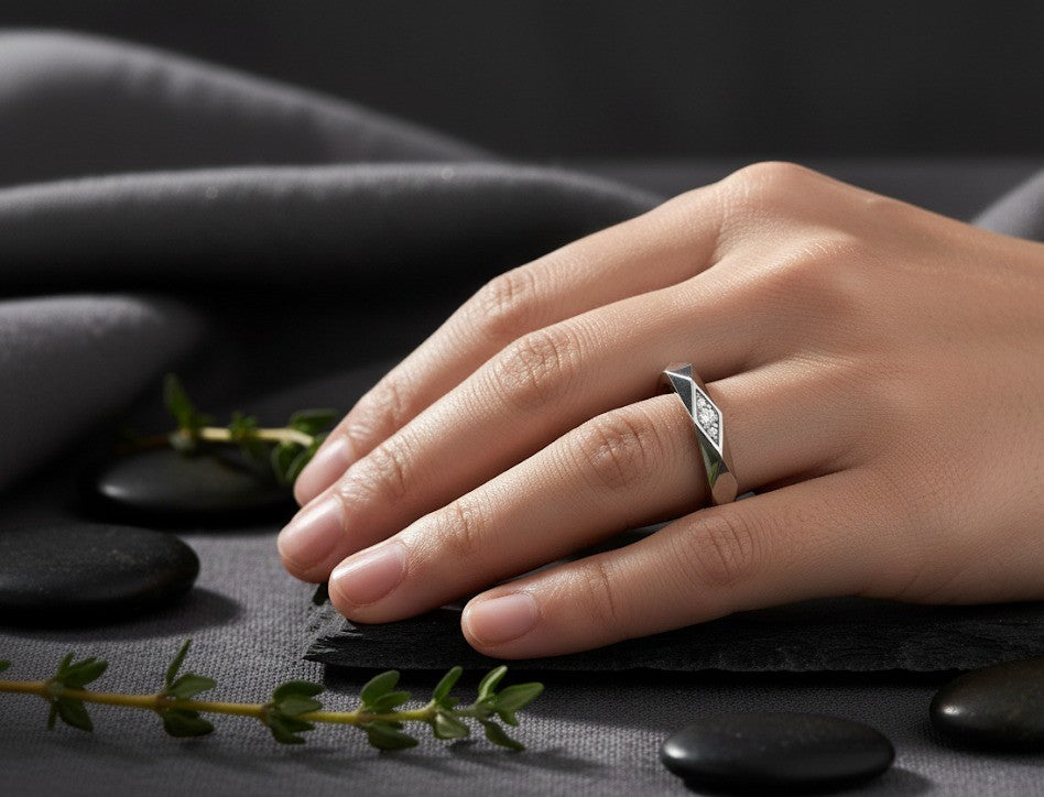 Modern Facet Band: Natural Moissanite Channel Ring in Sterling Silver