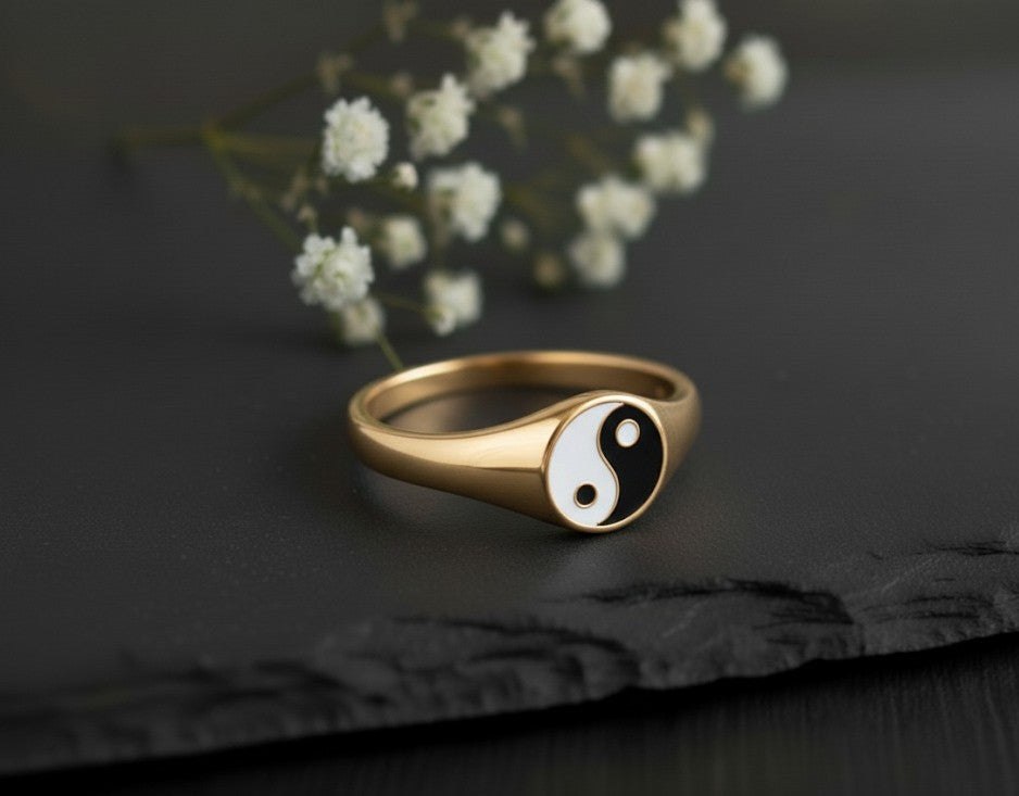 Balance Ring: Sterling Silver Signet with Black & White Enamel Yin-Yang
