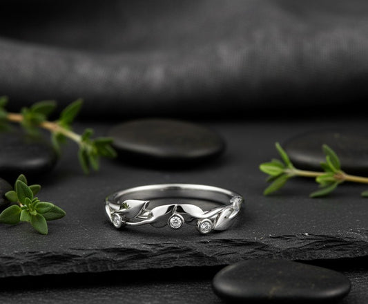 Whispering Leaves Ring: Natural Moissanite Accents in Sterling Silver Vine Band