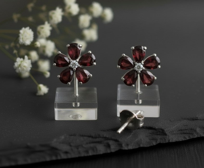 Floral Passion Studs: Natural Garnet Flower & Moissanite Accent Earrings