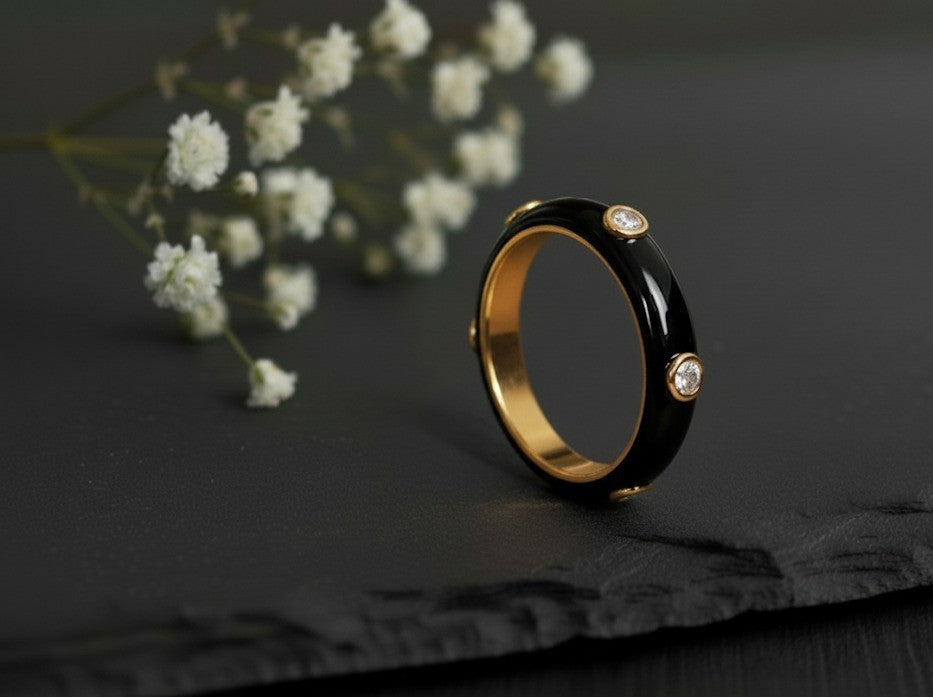 Brilliant Dot Band: Natural Moissanite Eternity Ring with Black Enamel in Sterling Silver