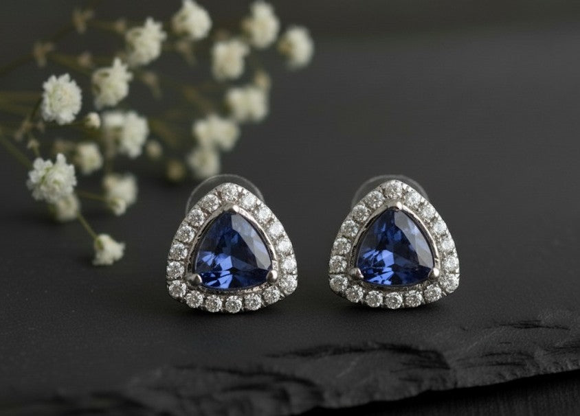 Regal Twilight Studs: Natural Tanzanite & Dazzling Moissanite Halo Earrings