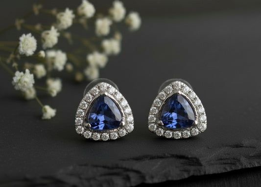 Regal Twilight Studs: Natural Tanzanite & Dazzling Moissanite Halo Earrings