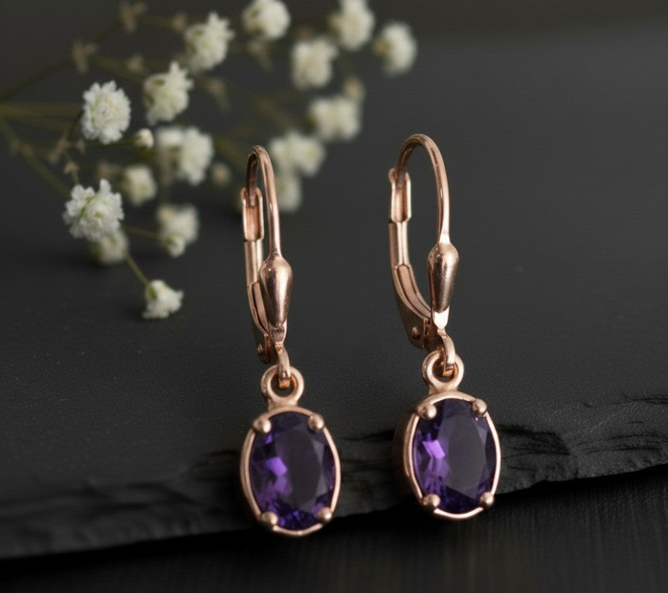 Royal Violet Drops: Natural Oval Amethyst Dangle Earrings in Sterling Silver
