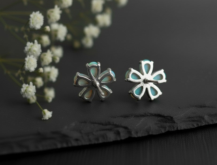 Celestial Daisy Studs: Natural Opal Flower with Dazzling Moissanite Center