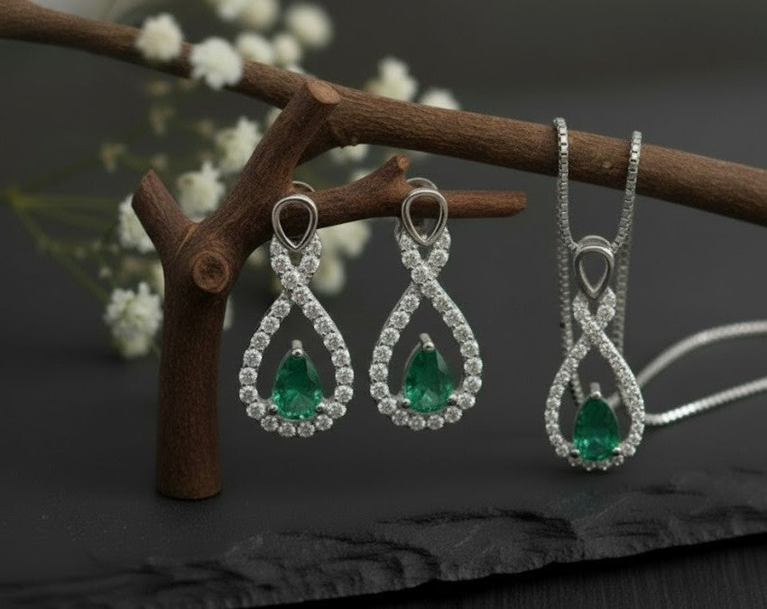 Eternal Radiance Set: Natural Emerald & Moissanite Infinity Drop Jewelry Set