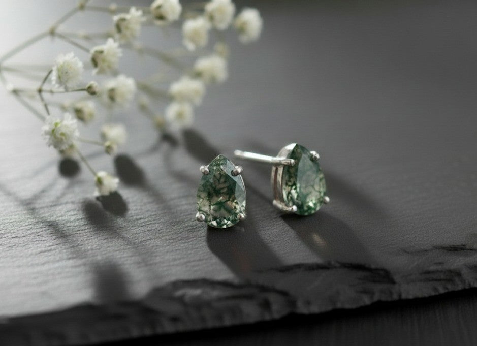 Enchanted Garden Studs: Natural Pear Moss Agate Earrings in Sterling Silver