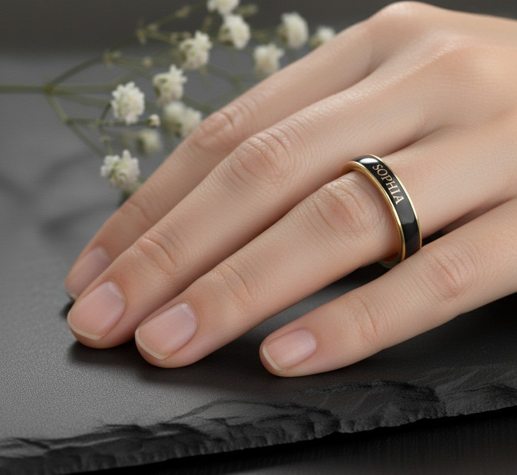 Personalized Name Band: Engraved Name in Black Enamel on Sterling Silver