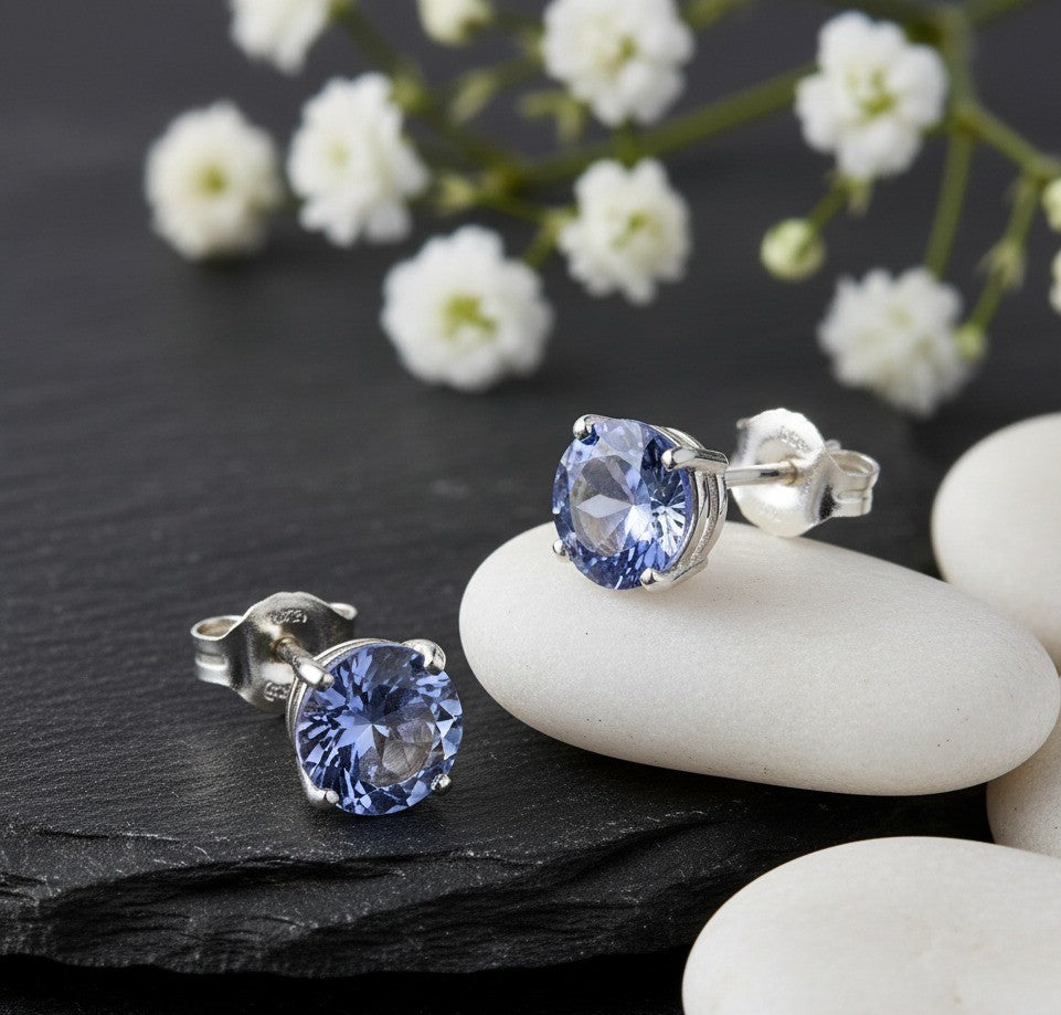 Violet Fire Studs: Natural Round Tanzanite Solitaire Earrings in Sterling Silver