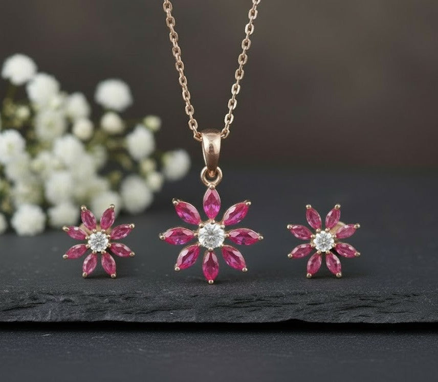 Ruby Petal Set: Natural Ruby & Moissanite Flower Pendant & Stud Earrings