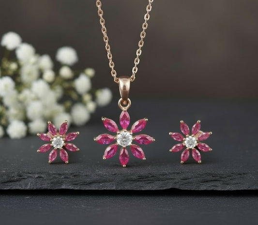 Ruby Petal Set: Natural Ruby & Moissanite Flower Pendant & Stud Earrings