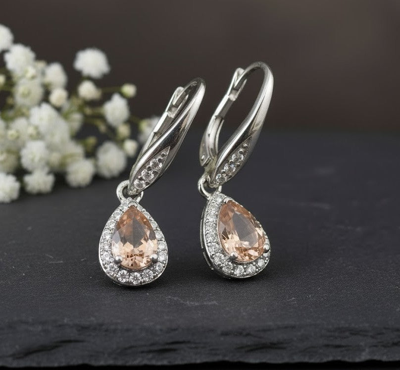 Romantic Blush Set: Natural Morganite & Moissanite Halo Pendant & Drop Earrings Jewelry Set