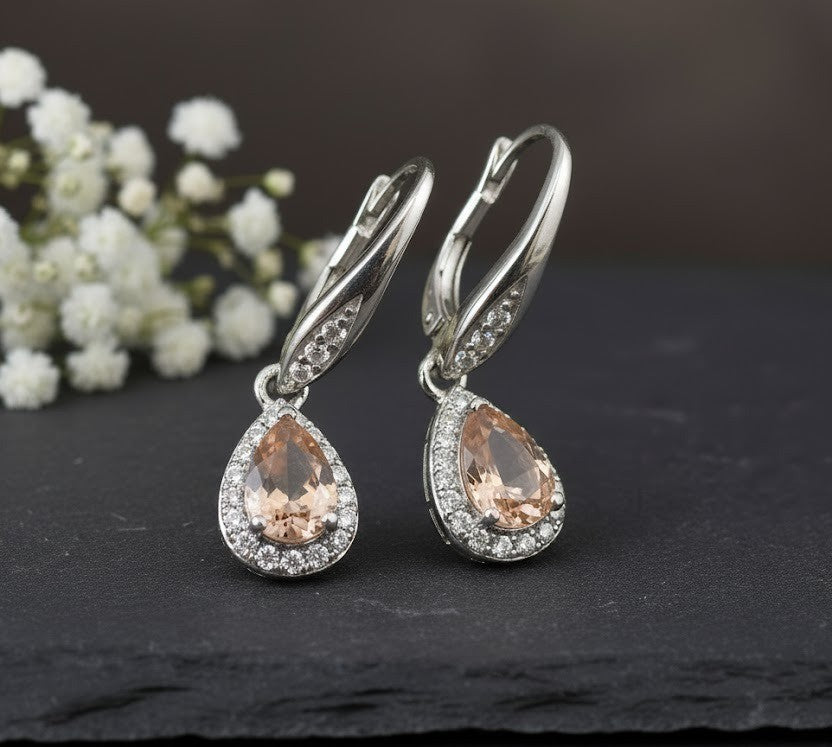 Romantic Blush Set: Natural Morganite & Moissanite Halo Pendant & Drop Earrings Jewelry Set