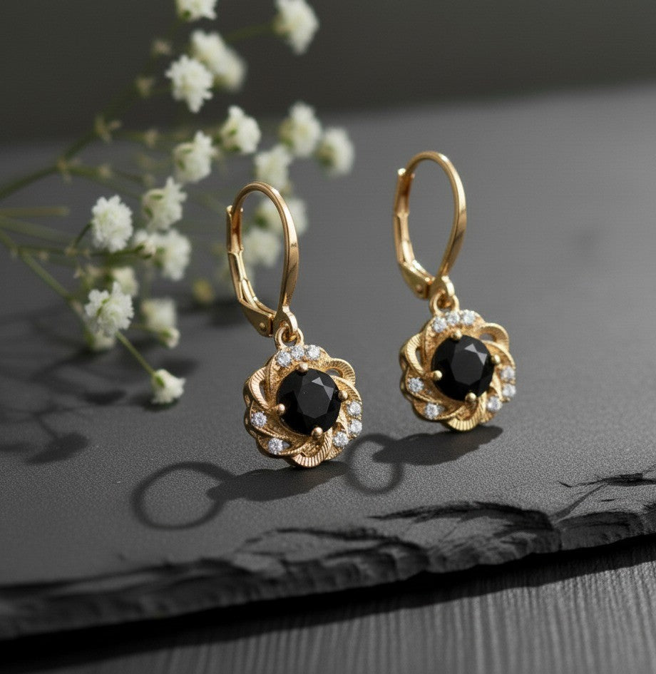 Gothic Glamour: Natural Black Spinel & Moissanite Flower Drop Earrings