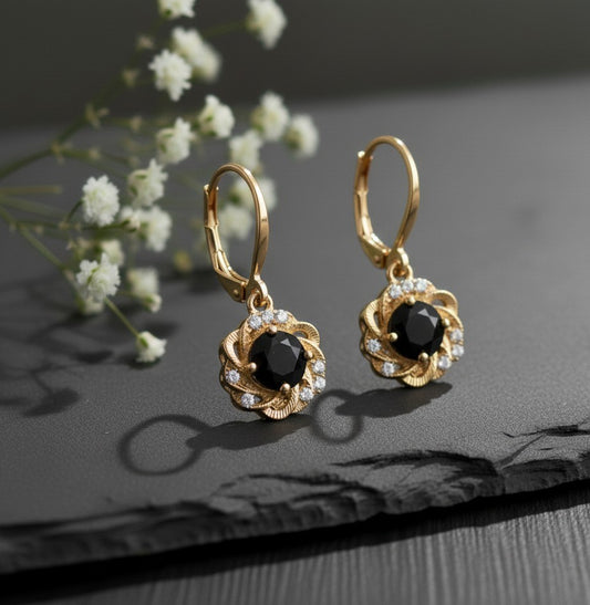 Gothic Glamour: Natural Black Spinel & Moissanite Flower Drop Earrings