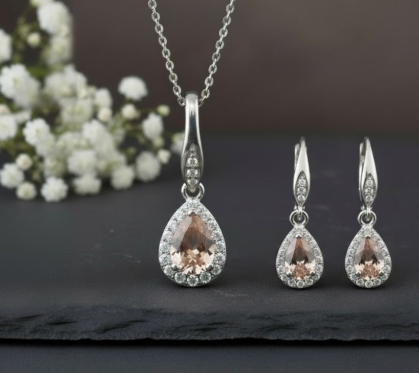 Romantic Blush Set: Natural Morganite & Moissanite Halo Pendant & Drop Earrings Jewelry Set
