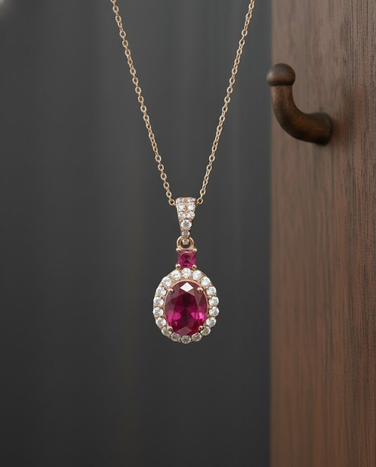 Twilight Romance Set: Natural Rhodolite Garnet & Moissanite Halo Pendant & Studs