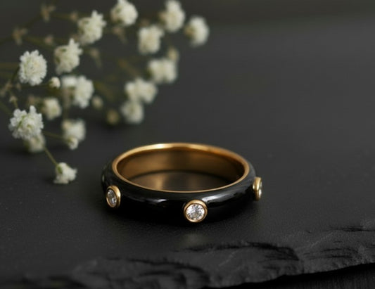 Brilliant Dot Band: Natural Moissanite Eternity Ring with Black Enamel in Sterling Silver