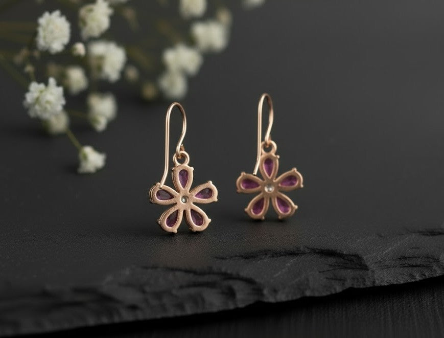 Natural Ruby & Moissanite Flower Pendant and Drop Earrings