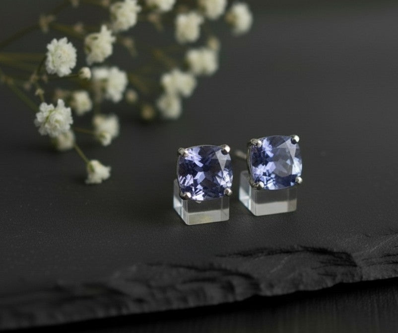 Violet Dream Studs: Natural Cushion Tanzanite Earrings in Sterling Silver