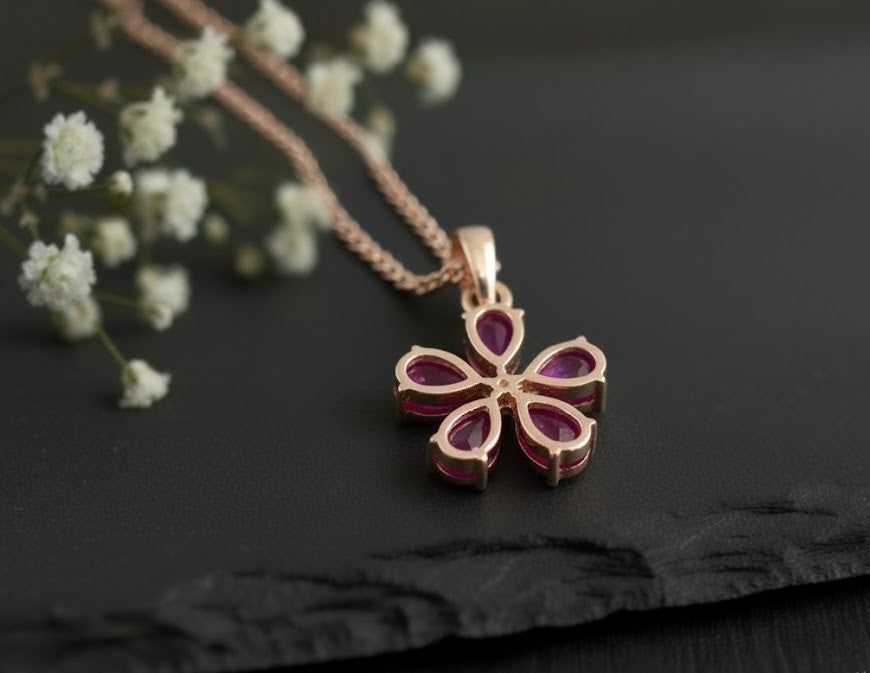 Natural Ruby & Moissanite Flower Pendant and Drop Earrings