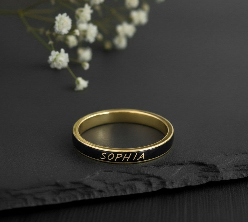 Personalized Name Band: Engraved Name in Black Enamel on Sterling Silver