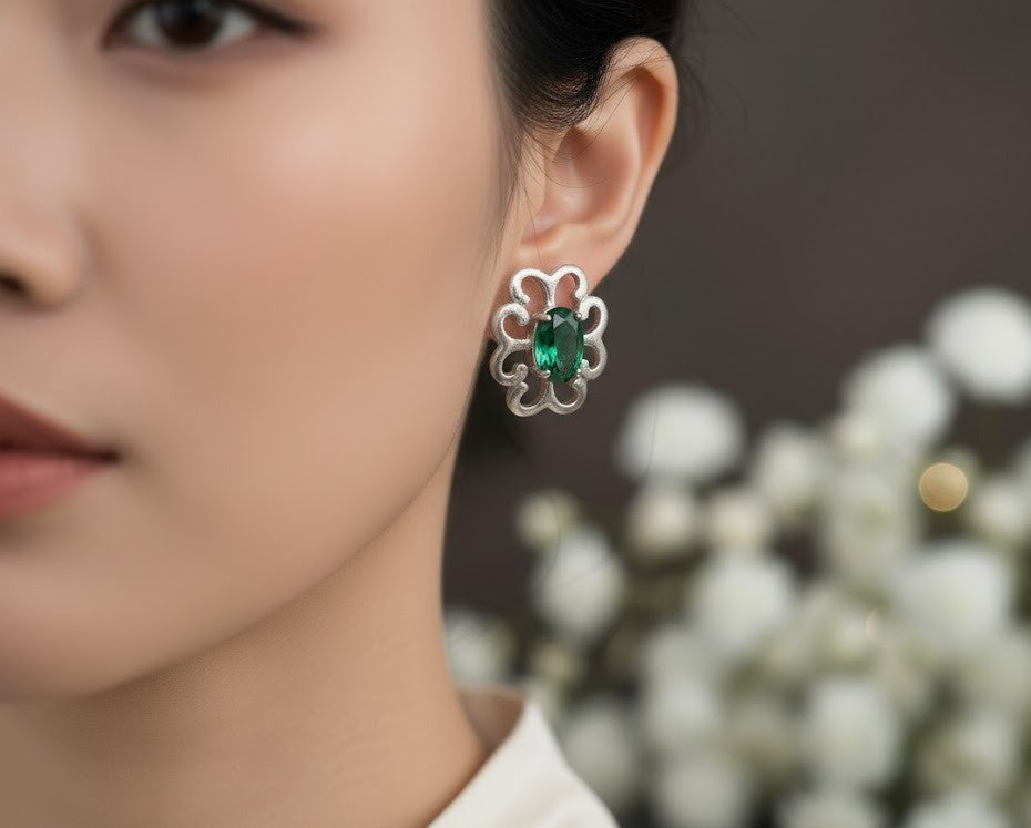Enchanted Garden Set: Natural Emerald Flower Pendant & Stud Earrings in Sterling Silver