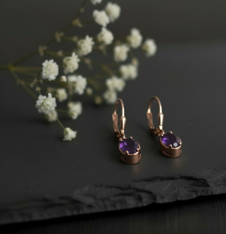 Royal Violet Drops: Natural Oval Amethyst Dangle Earrings in Sterling Silver