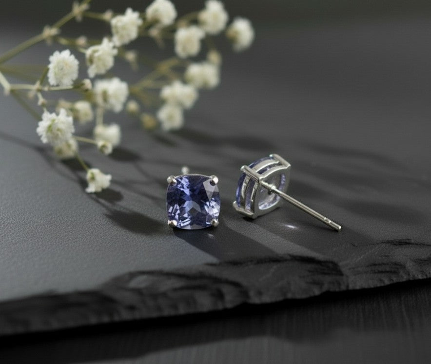 Violet Dream Studs: Natural Cushion Tanzanite Earrings in Sterling Silver