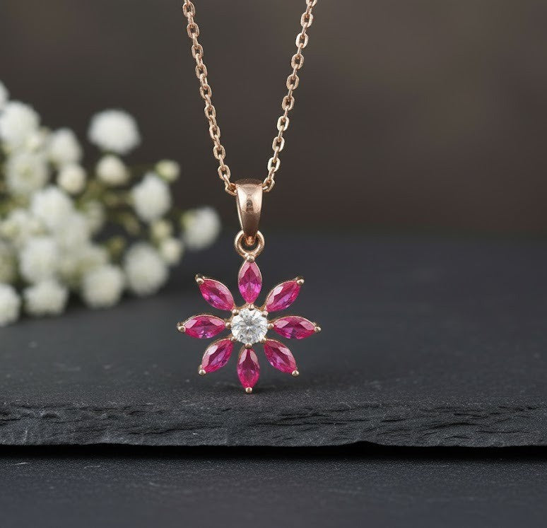 Ruby Petal Set: Natural Ruby & Moissanite Flower Pendant & Stud Earrings
