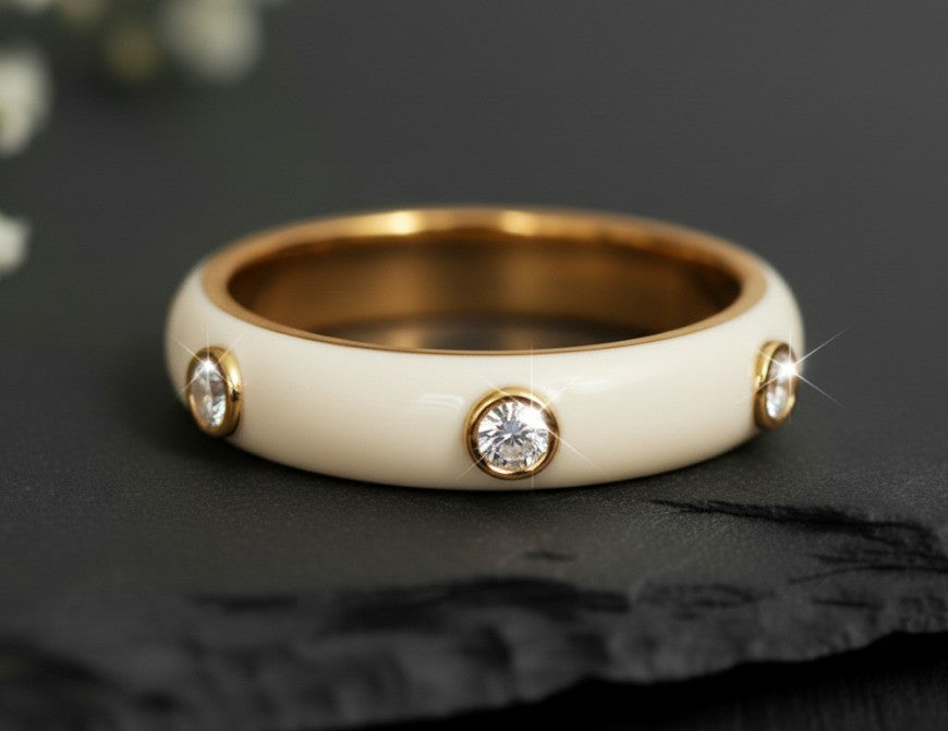 Brilliant Line Ring: Natural Moissanite Eternity Band with White Enamel Detail