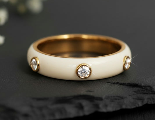 Brilliant Line Ring: Natural Moissanite Eternity Band with White Enamel Detail