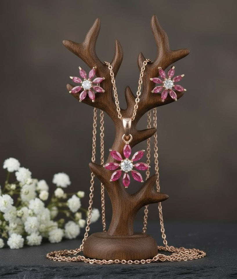 Ruby Petal Set: Natural Ruby & Moissanite Flower Pendant & Stud Earrings