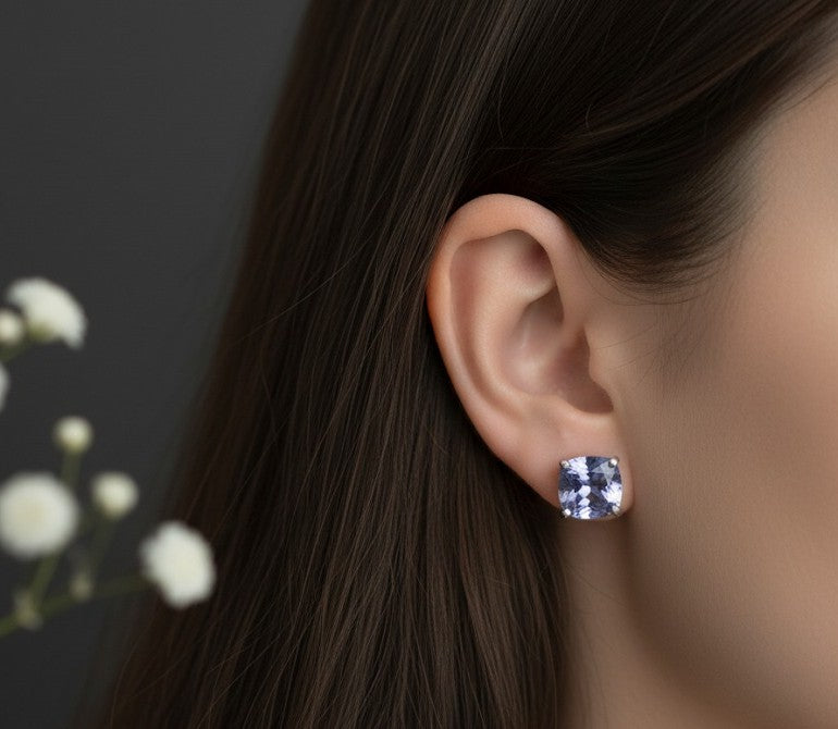 Violet Dream Studs: Natural Cushion Tanzanite Earrings in Sterling Silver