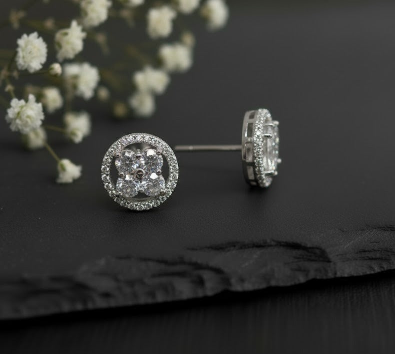 Floral Fire Studs: Natural Moissanite Flower Cluster Earrings in Sterling Silver