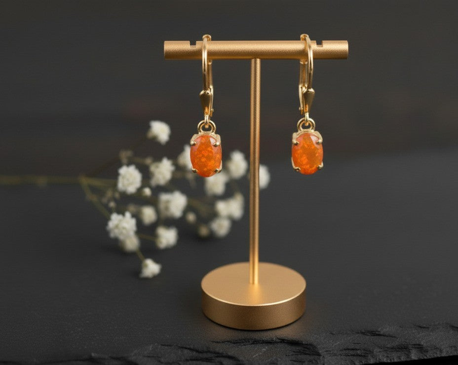 Flame Dance Drops: Natural Oval Fire Opal Dangle Earrings in Sterling Silver